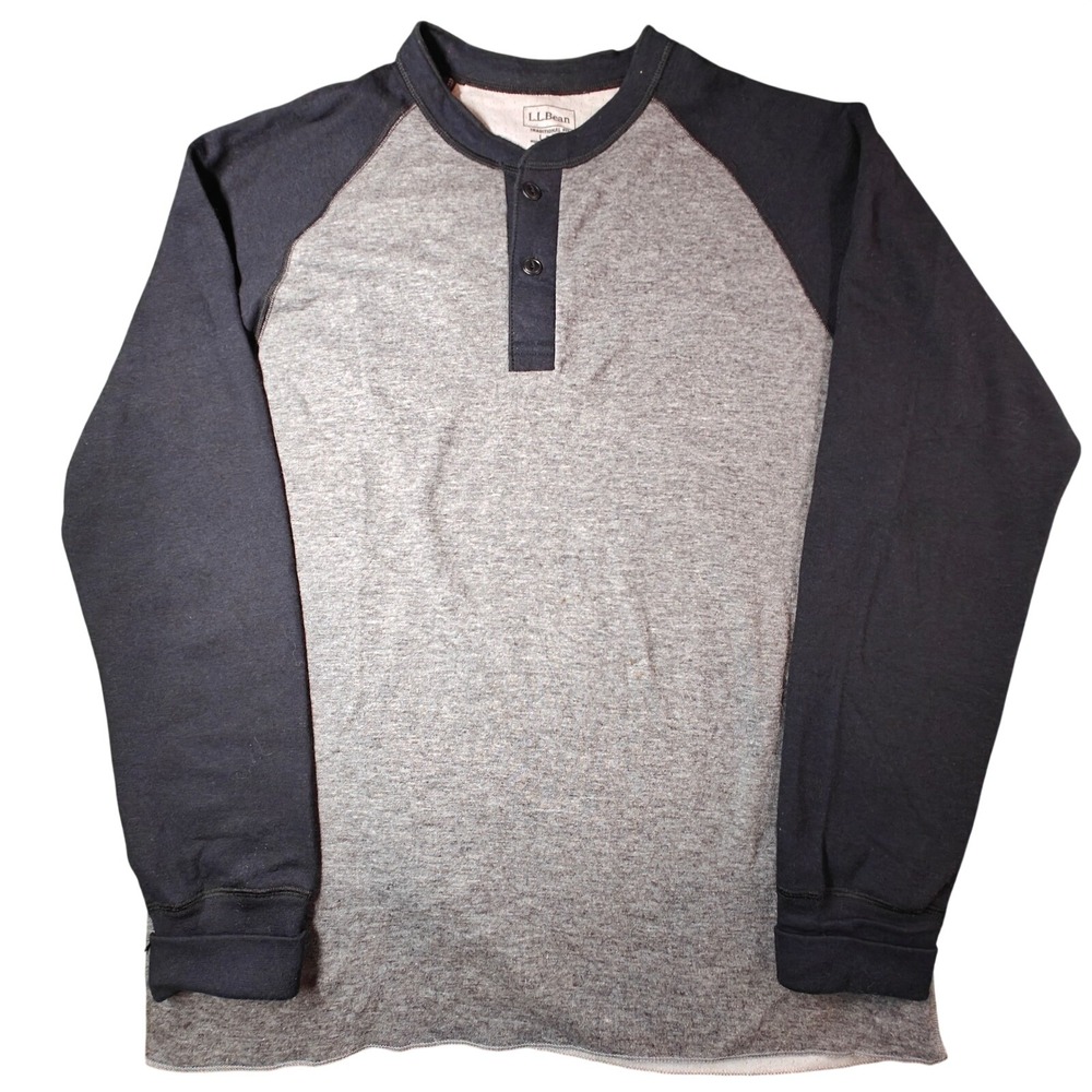 LL Bean‎ Mens Large Henley Shirt Wool Blend Raglan Long Sleeve Gray Navy 294351